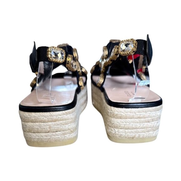 GUCCI Pepita Crystal Espadrille Sandal EU 38.5 US 8.5 Black Leather Platform - Picture 6 of 9